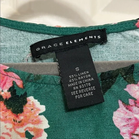 Grace Elements Green Floral Blouse Pink and White Blooms Grommets on Sleeves S - Picture 2 of 12